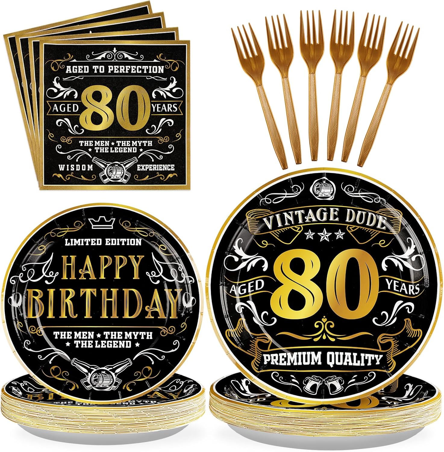Amazon.com: Grencian 96Pcs 80th Birthday Party Supplies Black Gold 80th ...